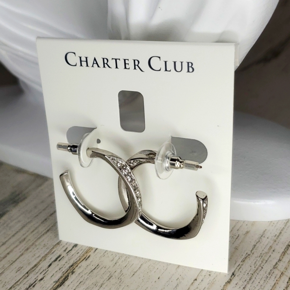 Charter Club Siver Crystal encrusted Hoop Earrings NWT!